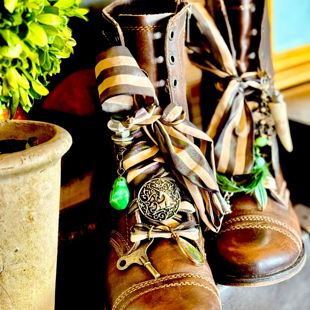 Upcycled decorated vintage leather combat granny Steve Madden boots boho grunge